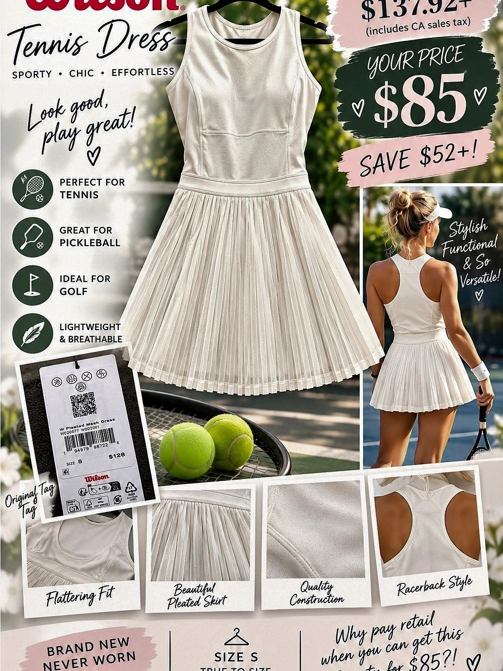 Wilson Tennis Dress Pleated Mini in White Size Small NWT